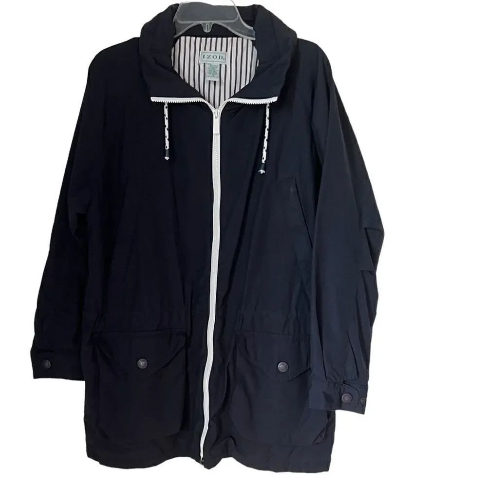 Izod Navy Blue White Hoodie Long Zipper Jacket sz M